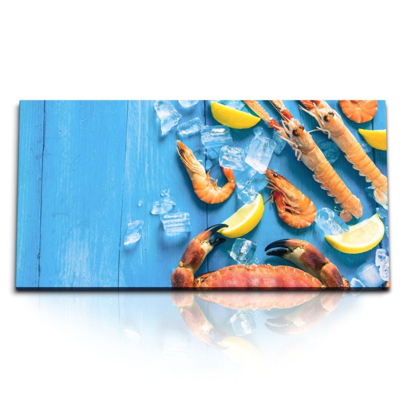 Kunstdruck Bilder 120x60cm Küchenbild Shrimps Krabbe Garnelen Blau