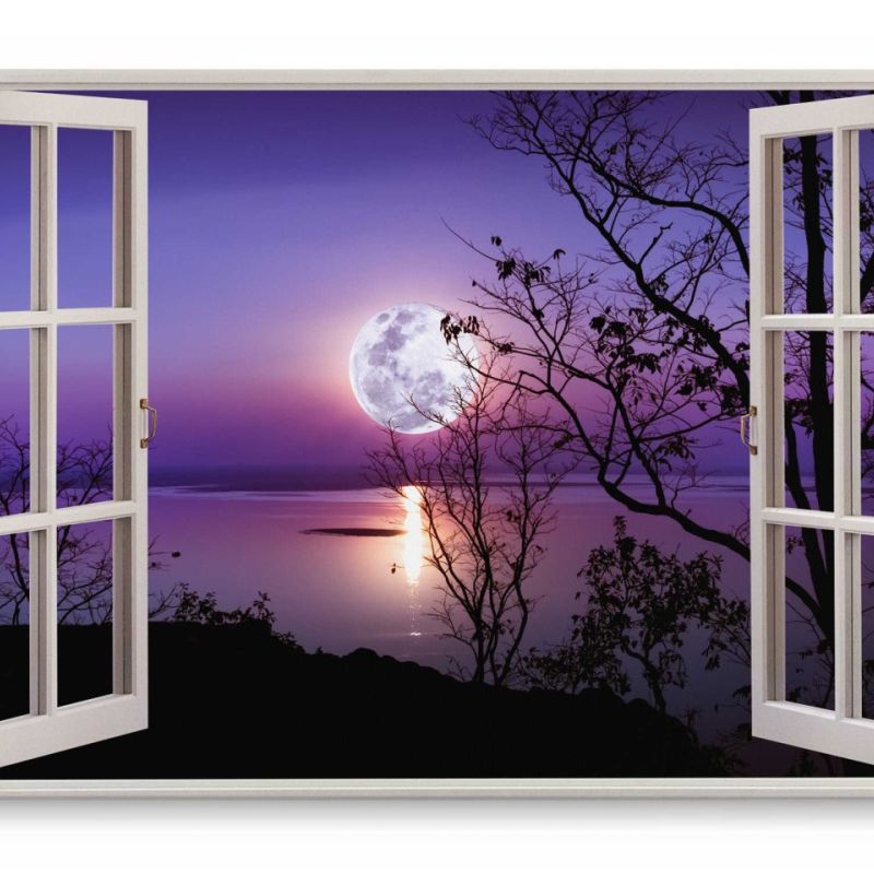 Wandbild 120x80cm Fensterbild Vollmond Nacht See Natur Mond Nachthimmel