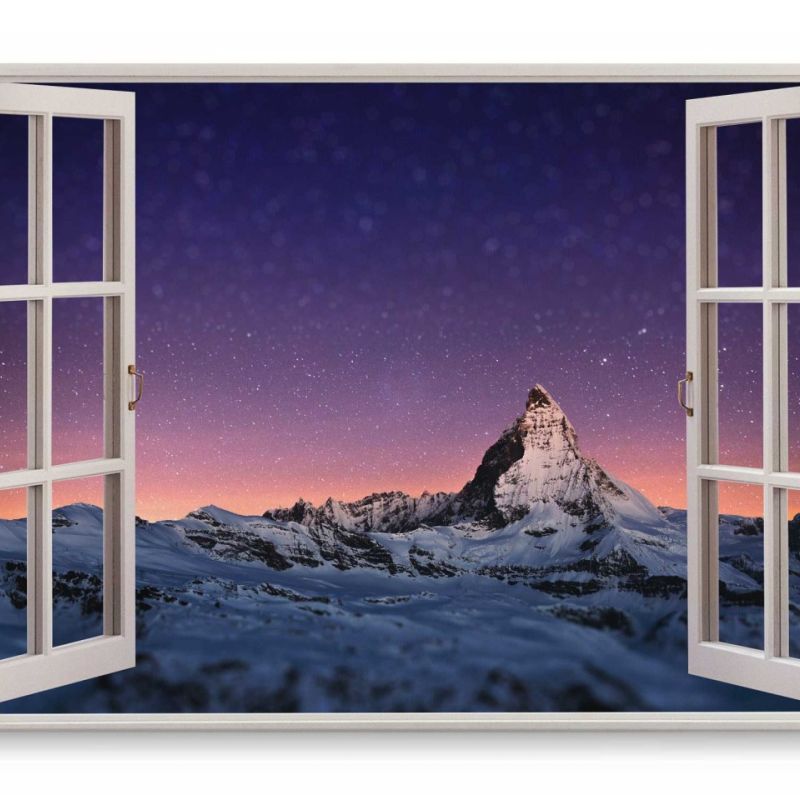 Wandbild 120x80cm Fensterbild Alpen Matterhorn Berggipfel Sternenhimmel Nacht