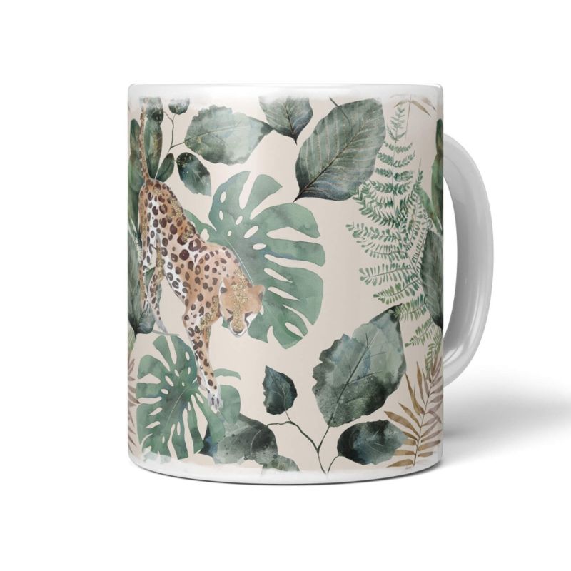 Dekorative Tasse mit schönem Motiv Dschungel exotische Pflanzen Jaguar Muster Design