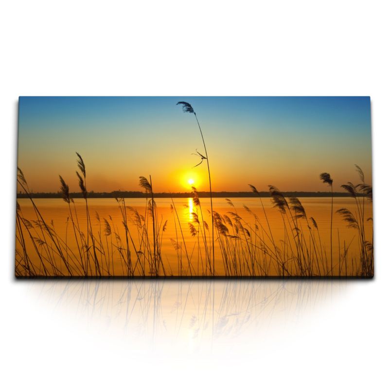 Kunstdruck Bilder 120x60cm Sonnenuntergang See Abendröte Natur Halme