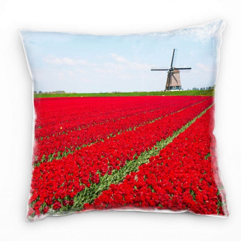 Blumen, rot, blau, Windmühle, Tulpen Deko Kissen 40x40cm für Couch Sofa Lounge Zierkissen