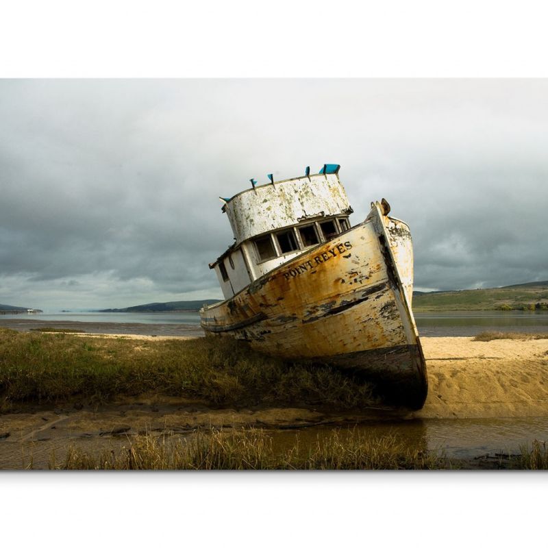 120x80cm Wandbild Meer Dünen Fischerboot