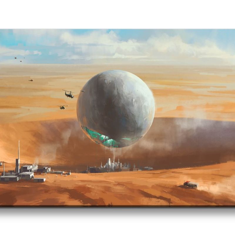 Leinwandbild 120x60cm Retro Future Fantasie Wüste Kugel Aliens Sci Fi