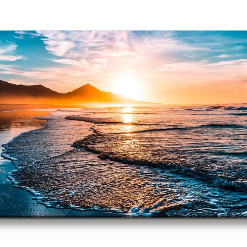 Leinwandbild 120x60cm Ozean Wellen Berge Küste Sonnenuntergang Schön