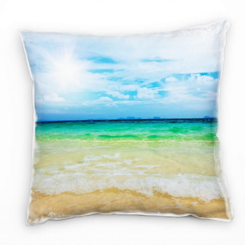 Strand und Meer, gelb, grün, blau, Sonne, Wellen Deko Kissen 40x40cm für Couch Sofa Lounge Zierkisse