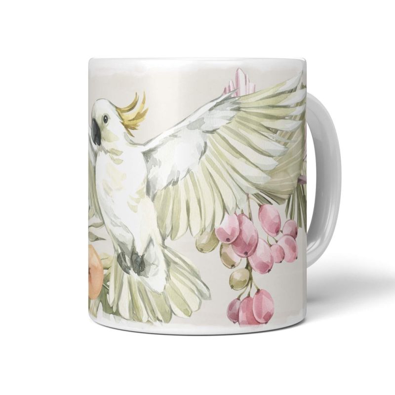 Dekorative Tasse mit schönem Vogel Motiv Kakadus Blumen Früchte Paradies Vintage Kunstvoll