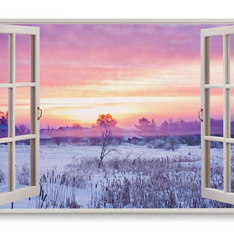 Wandbild 120x80cm Fensterbild Abendrot Winterlandschaft Winter Schnee roter Himmel