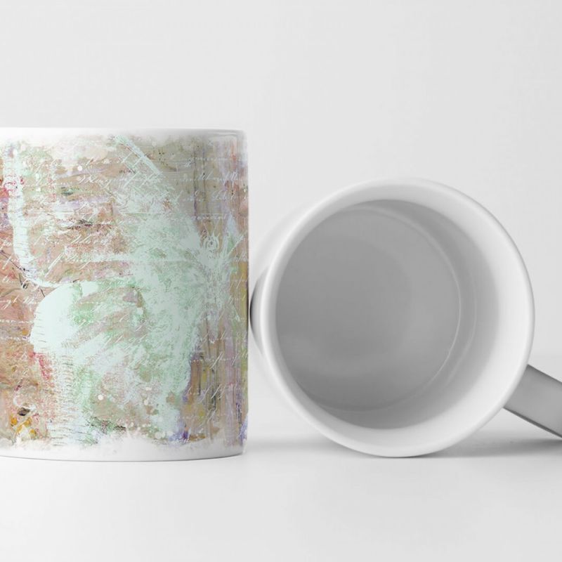 Tasse Geschenk hell-lachsfarbiger Hintergrund; mintgrüner Schmetterling; Aufschriftf