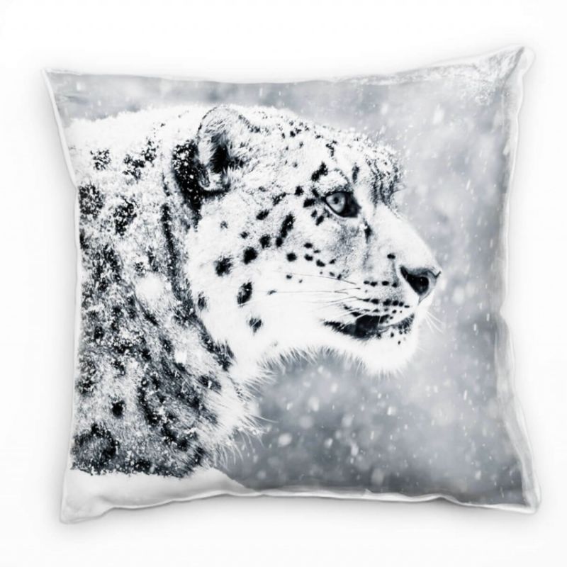 Tiere, Schneeleopard, Schnee, grau Deko Kissen 40x40cm für Couch Sofa Lounge Zierkissen