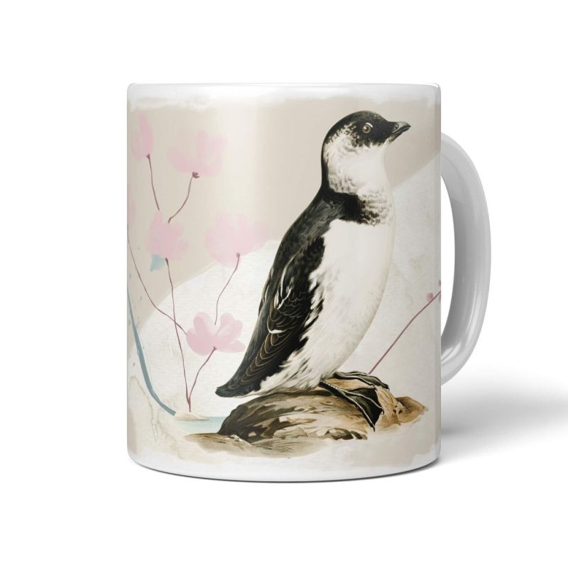 Dekorative Tasse mit schönem Vogel Motiv Pinguin Wasserfarben Pastelltöne Blumen