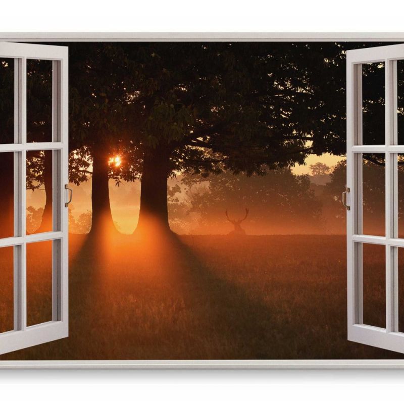 Wandbild 120x80cm Fensterbild Sonnenuntergang Hirsch Wald Natur Abendrot