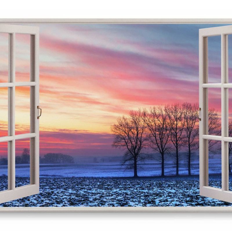 Wandbild 120x80cm Fensterbild Winterlandschaft Winter Abendrot Bäume Natur