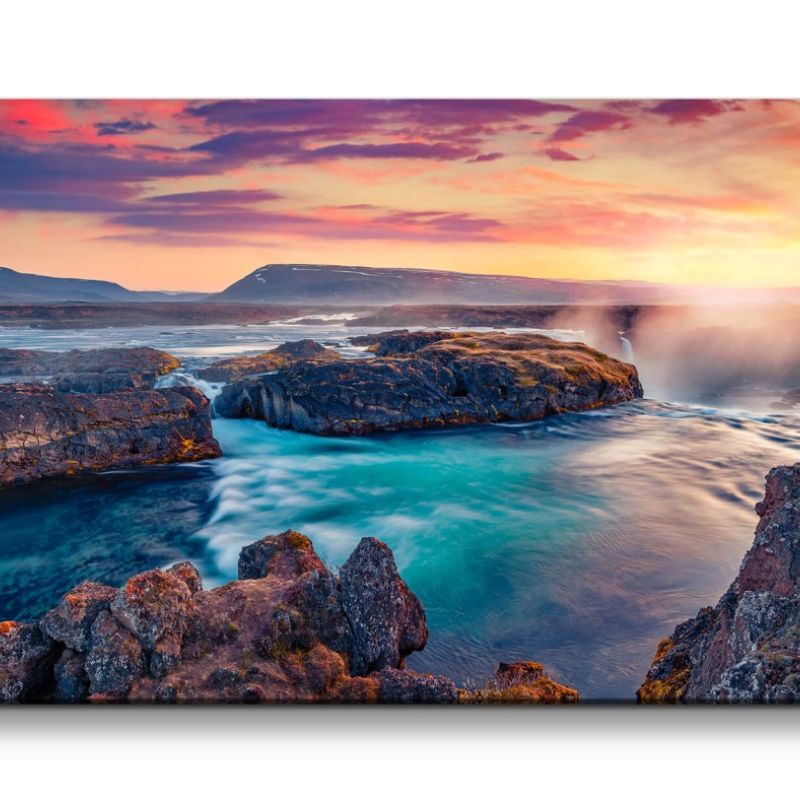 Leinwandbild 120x60cm Godafoss Island Wasserfall Felsen Atemberaubend Sonnenuntergang