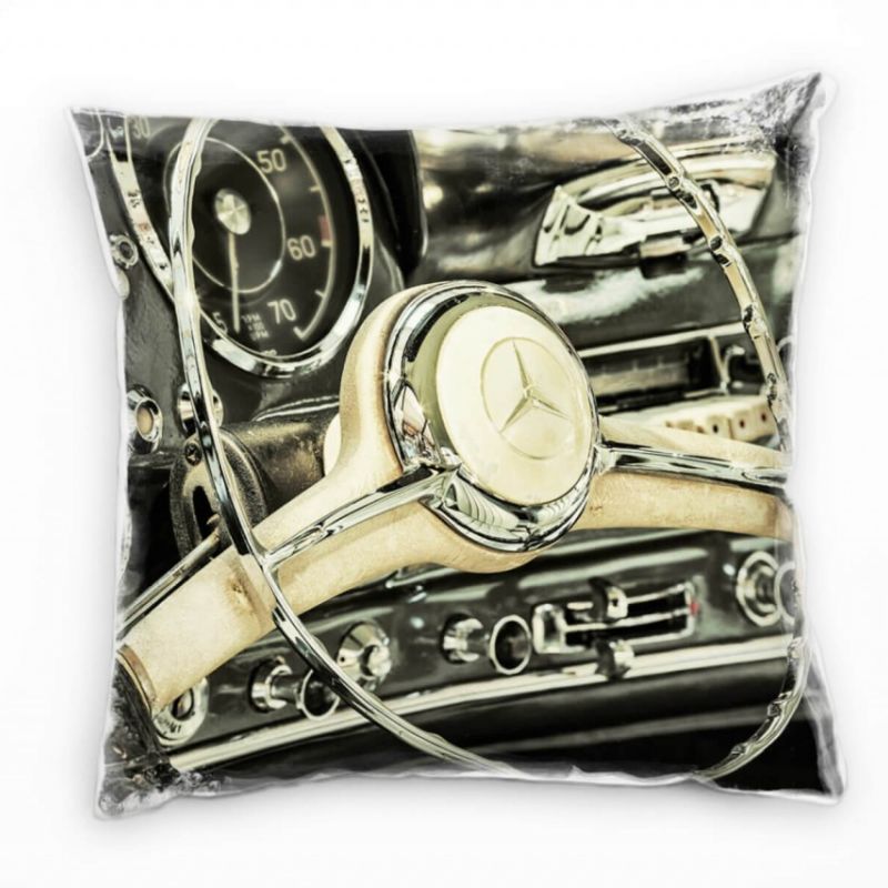 Macro, Retro, Mercedes, Auto, Lenkrad, silber, braun Deko Kissen 40x40cm für Couch Sofa Lounge Zierk