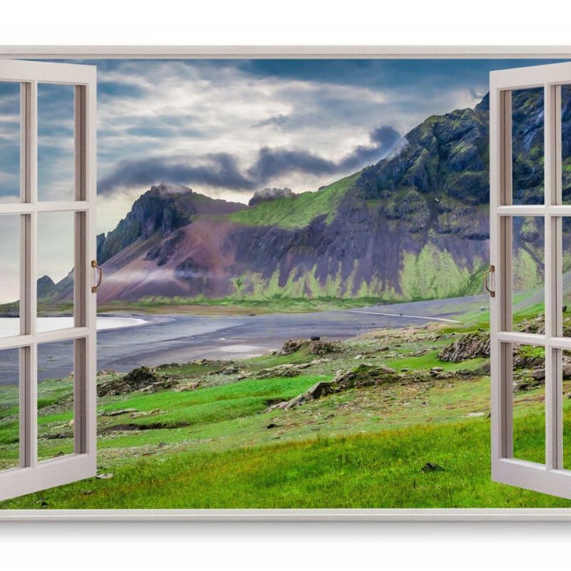 Wandbild 120x80cm Fensterbild Küste Island Berge Grün Vulkan Natur