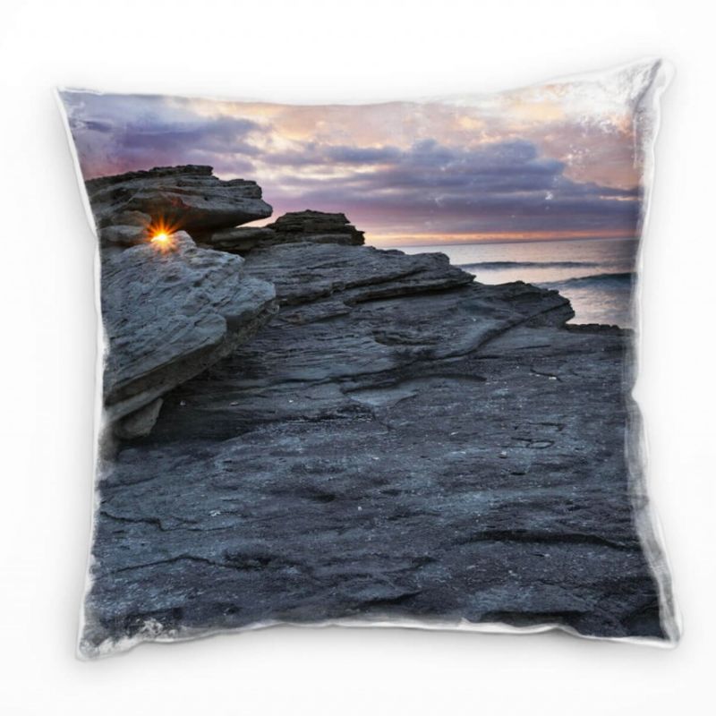 Meer, grau, orange, Sonnenuntergang, Felsen Deko Kissen 40x40cm für Couch Sofa Lounge Zierkissen