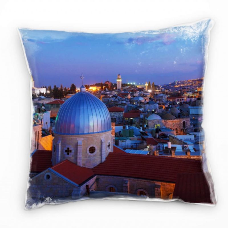 City, Jerusalem, Israel, Nacht, blau, orange Deko Kissen 40x40cm für Couch Sofa Lounge Zierkissen