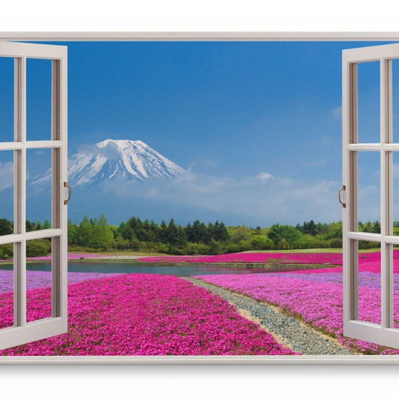 Wandbild 120x80cm Fensterbild Vulkan Fuji Japan Blau Blumenfeld Natur Rosa