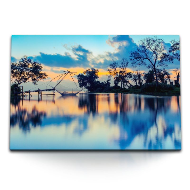 120x80cm Wandbild auf Leinwand Thailand Meer Blau Abendrot Fischernetz Sonnenuntergang