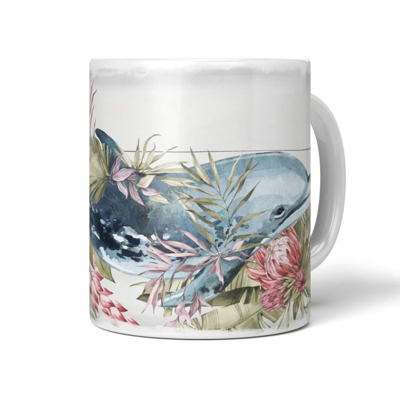 Dekorative Tasse mit schönem Motiv Delfin Blumen Blüten Exotisch Wasserfarben Vintage