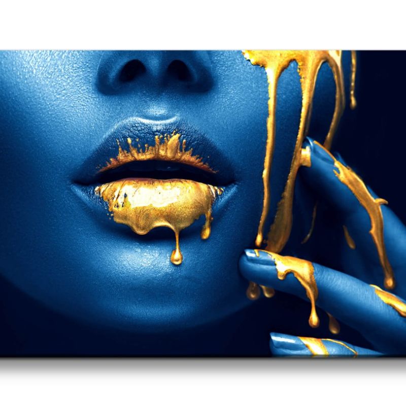 Leinwandbild 120x60cm Schöne Frau volle Lippen fließendes Gold Kunstvoll Blau