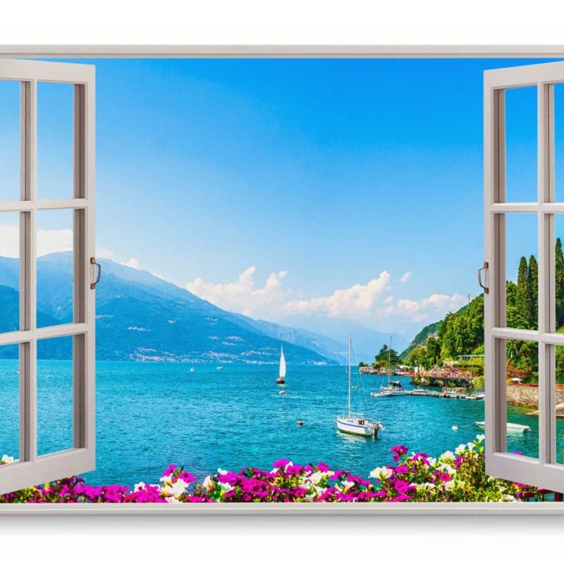 Wandbild 120x80cm Fensterbild Alpensee Berge See Natur Blau Segelboote