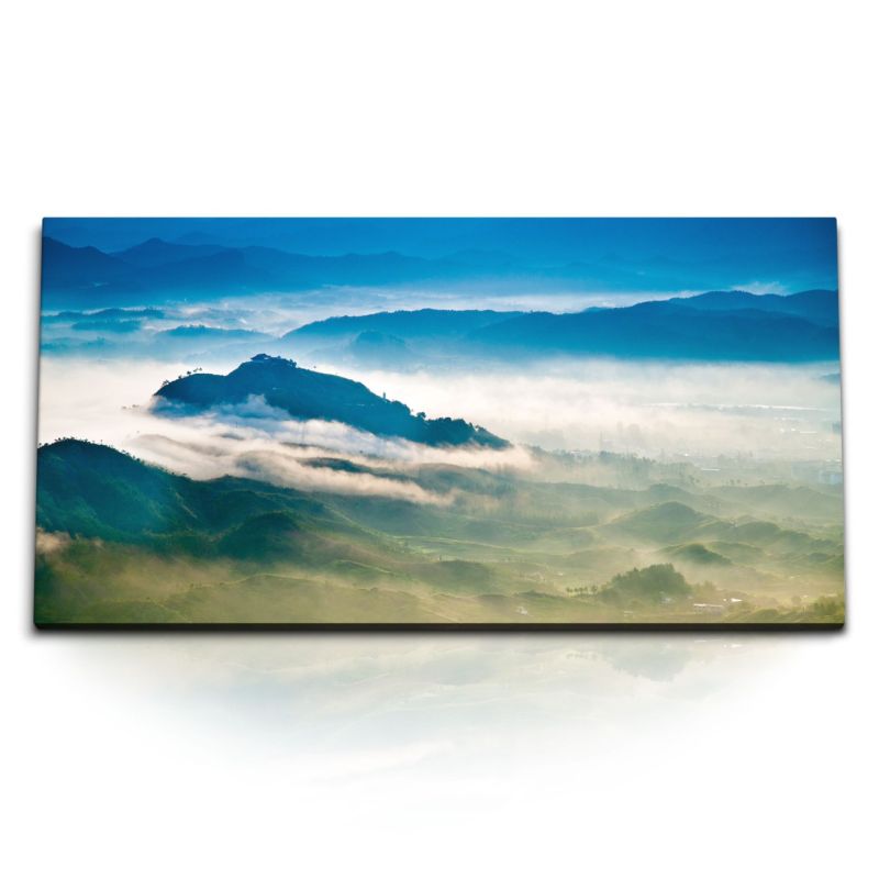 Kunstdruck Bilder 120x60cm Berge Berglandschaft Natur Nebel Blau Morgentau