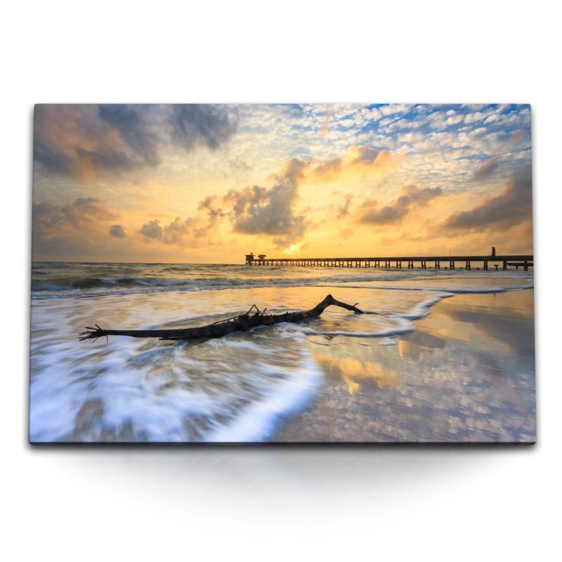 120x80cm Wandbild auf Leinwand Treibholz Strand Horizont Sonnenuntergang Abendrot