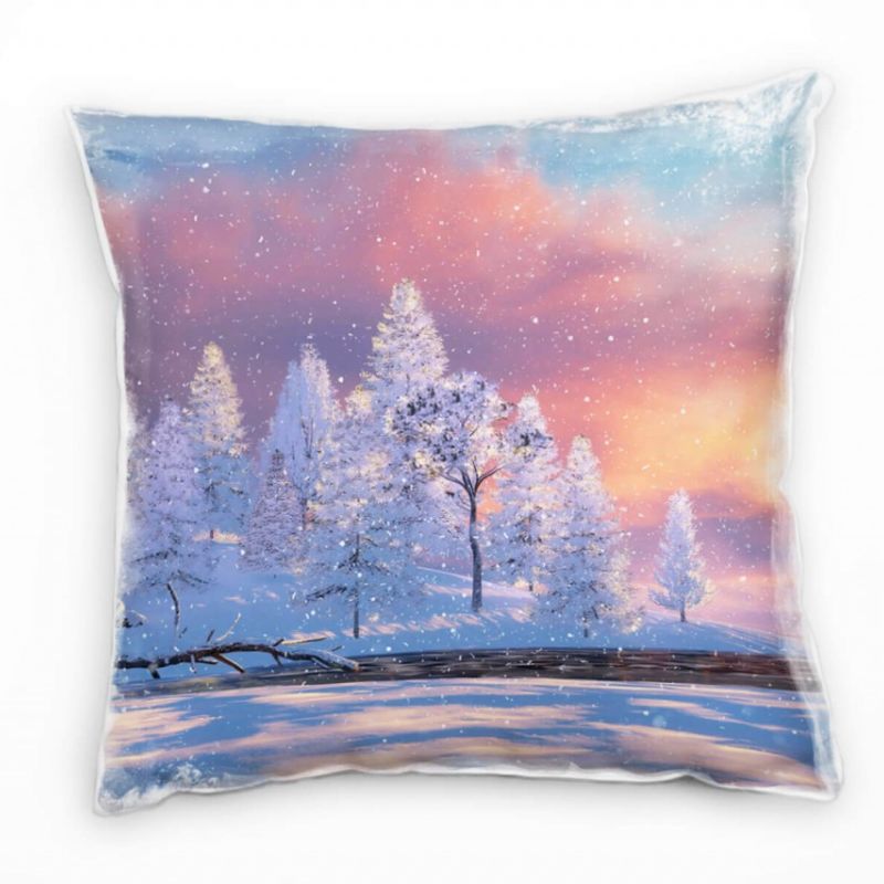 Winter, Schnee, Bäume, Illustration, blau, orange Deko Kissen 40x40cm für Couch Sofa Lounge Zierkiss