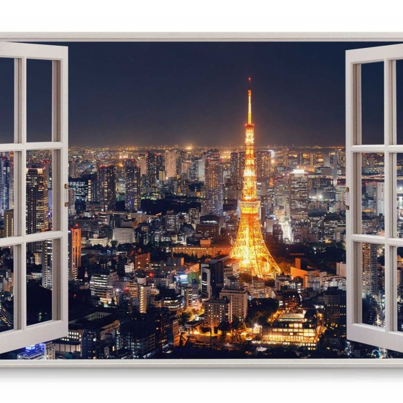 Wandbild 120x80cm Fensterbild Tokio Skyline Nachtlichter Großstadt Fernsehturm