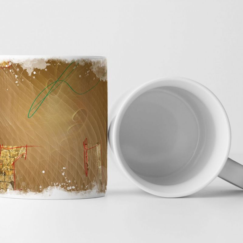 Tasse Geschenk beige, ocker; rot umrandetes Muster, grüne Schnörkel