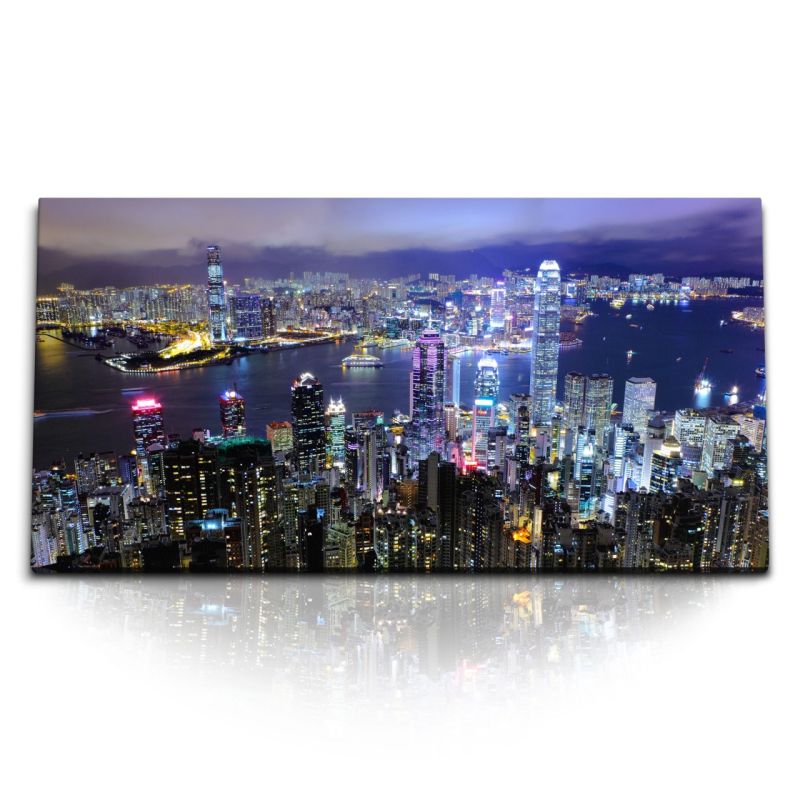 Kunstdruck Bilder 120x60cm Hongkong bei Nacht Stadt Wolkenkratzer Metropole