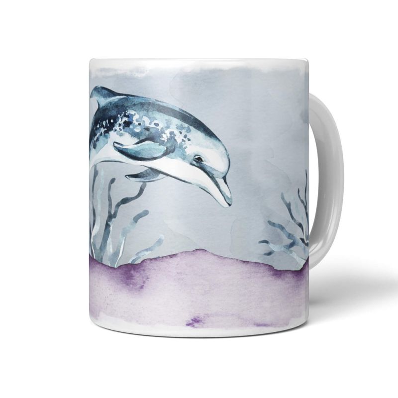 Dekorative Tasse mit schönem Motiv Delfin Wasserfarben Blumen Korallen Blau Wasserfarben