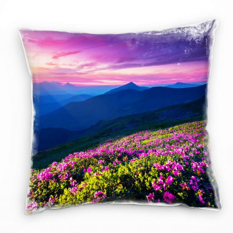 Landschaft, lila, grün, blau, Blumen, Berge, Sonne Deko Kissen 40x40cm für Couch Sofa Lounge Zierkis