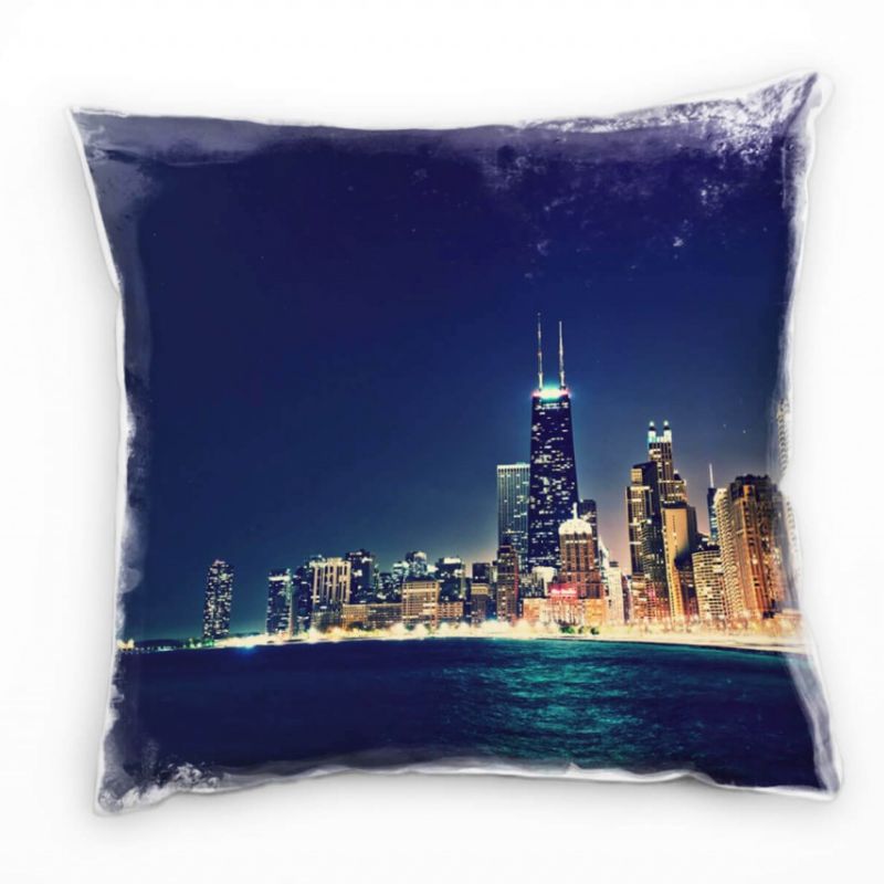 City, Chicago, Nacht, Beleuchtung, blau, orange Deko Kissen 40x40cm für Couch Sofa Lounge Zierkissen