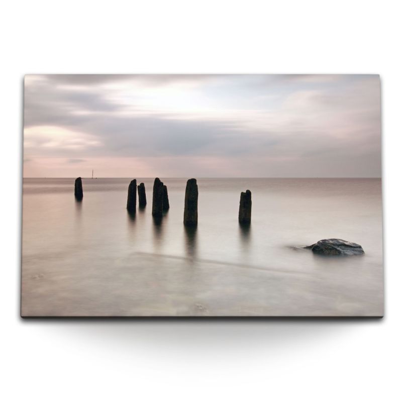 120x80cm Wandbild auf Leinwand Ruhige See Meer Grau Horizont Holzstege