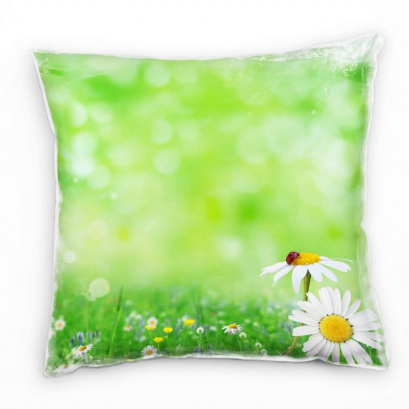 Blumen, grün, weiß, gelb, Magariten, Marienkäfer, Sommer Deko Kissen 40x40cm für Couch Sofa Lounge Z