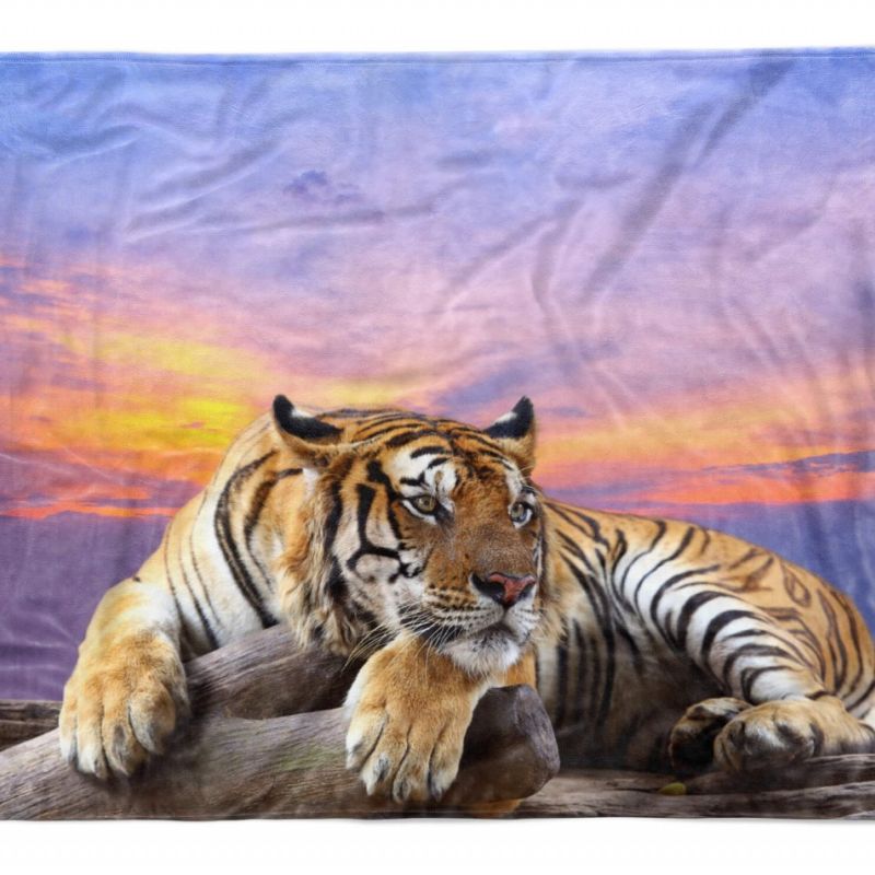 Handtuch Strandhandtuch Saunatuch Kuscheldecke  mit Tiermotiv Tiger Natur Abendr