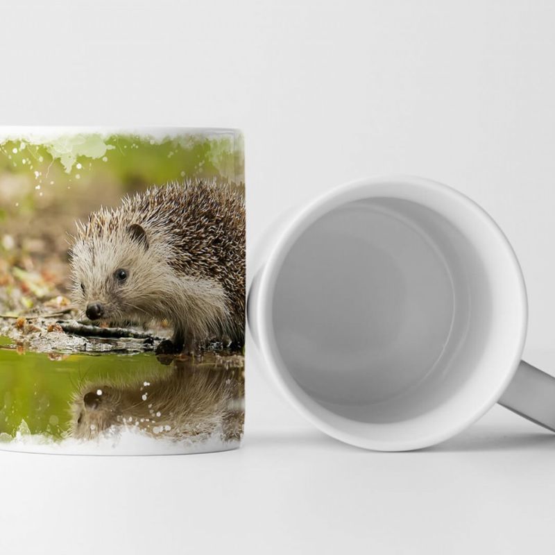 Tasse Geschenk Tierfotografie – Putziger Igel am Waldweiher