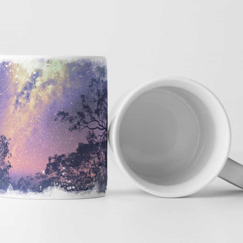 Tasse Geschenk Illustration eines Mannes im Hintergrund Bäume und die Milchstraße