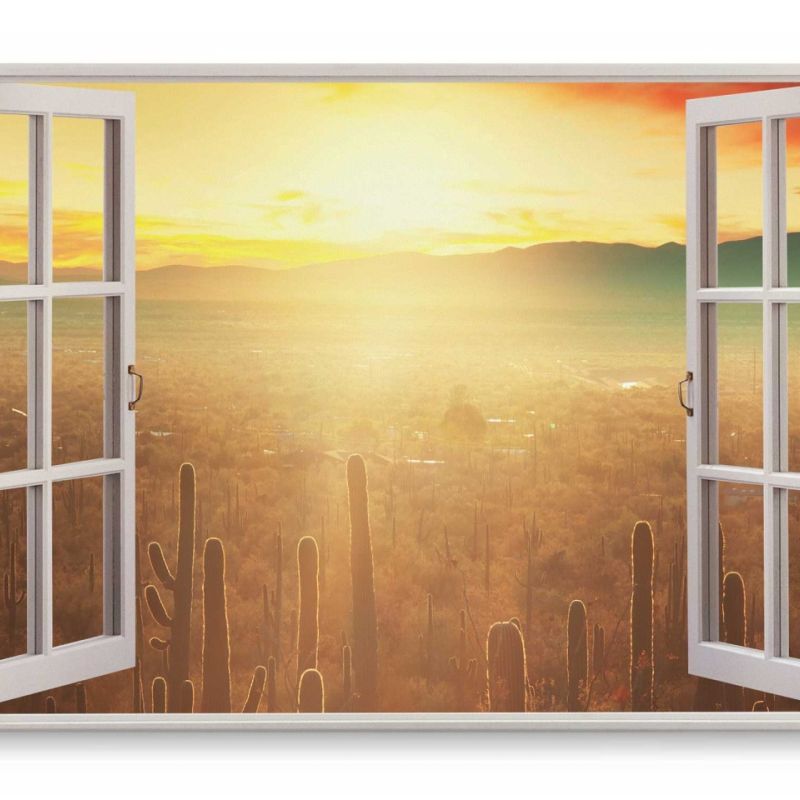 Wandbild 120x80cm Fensterbild Mexiko Wüste Kaktus Sonnenuntergang Sonnenschein