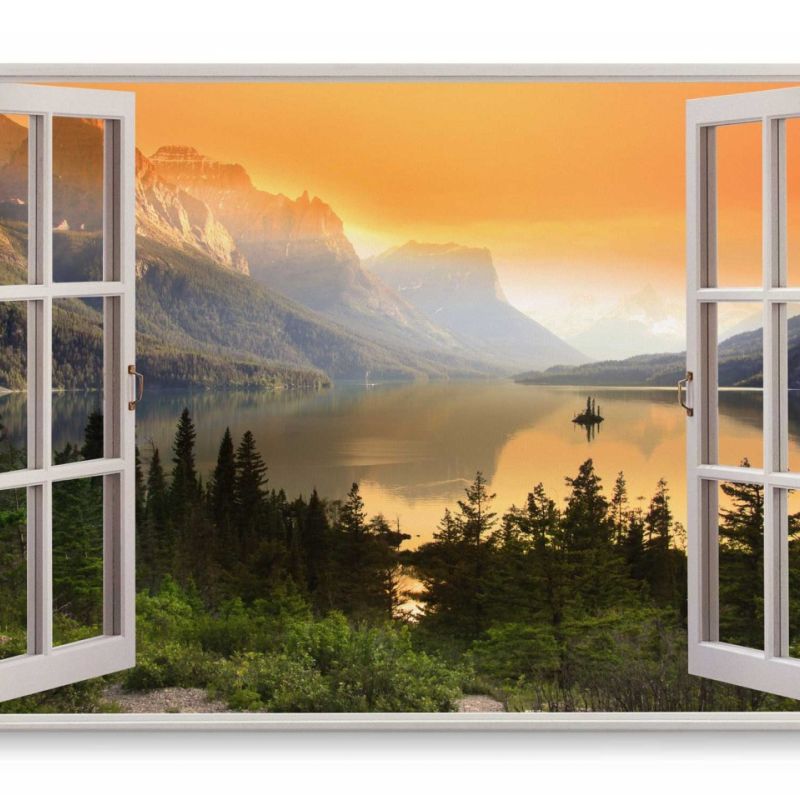 Wandbild 120x80cm Fensterbild See Landschaft Berge Bergsee Natur Abendrot