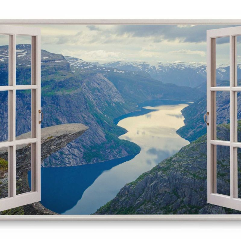 Wandbild 120x80cm Fensterbild Norwegen Fluss Berge Natur Felsen