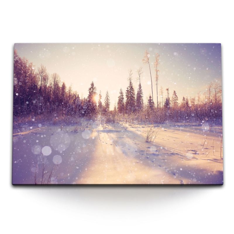 120x80cm Wandbild auf Leinwand Winterlandschaft Wald Tannen Schnee Sonnenschein