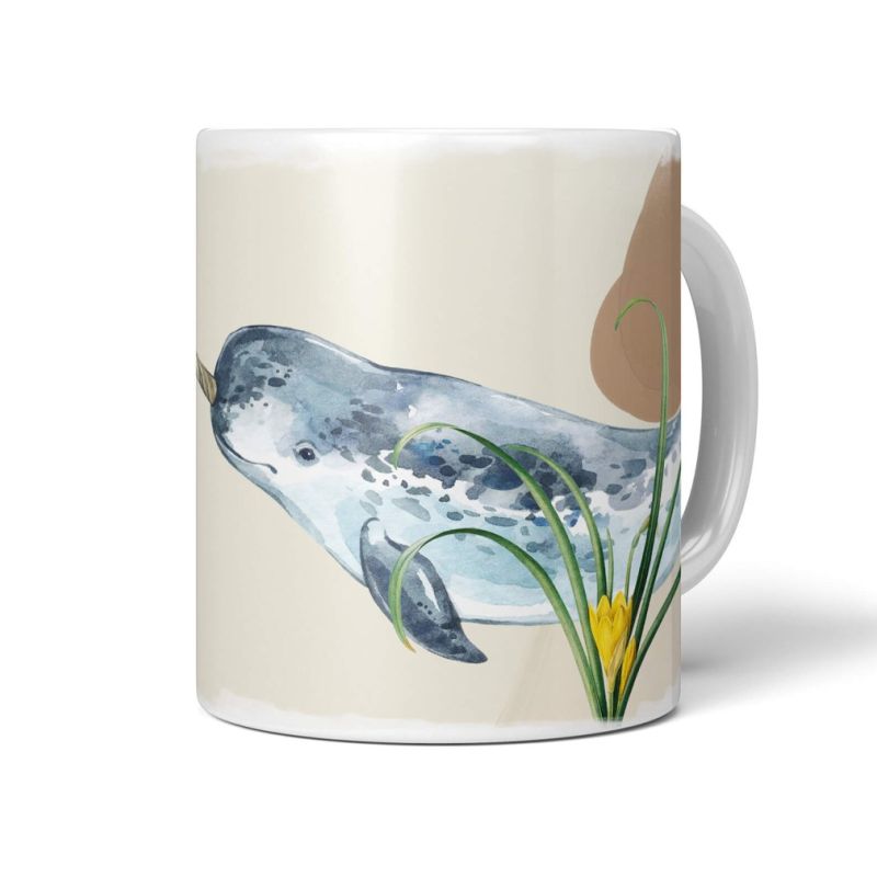 Dekorative Tasse mit schönem Motiv Narwal Wasserfarben Blumen Kunstvoll Pastellton