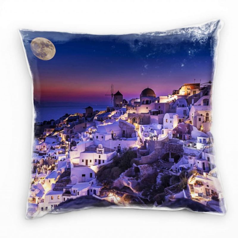 City, blau, weiß, rot, Santorini, Nacht, Griechenland Deko Kissen 40x40cm für Couch Sofa Lounge Zier