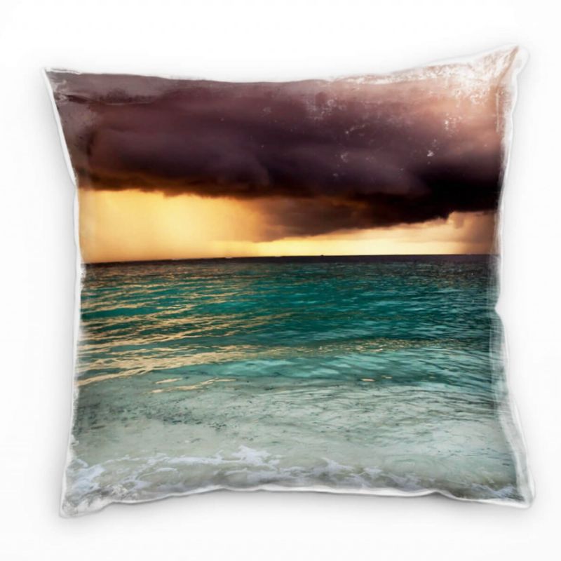 Strand und Meer, türkis, orange, dunkle Wolken Deko Kissen 40x40cm für Couch Sofa Lounge Zierkissen