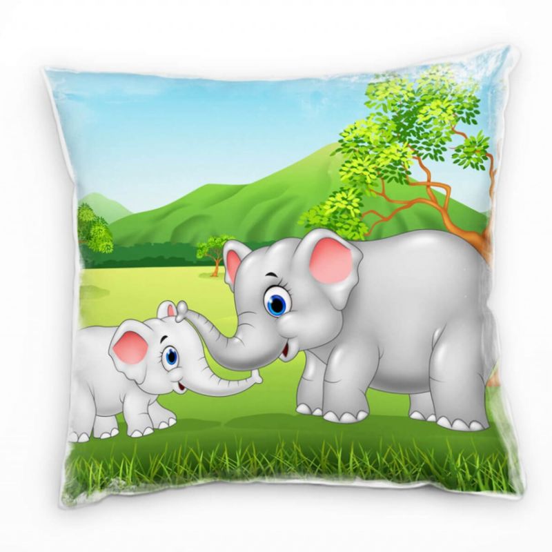 Tiere, Elefanten, Cartoon, grün, grau Deko Kissen 40x40cm für Couch Sofa Lounge Zierkissen