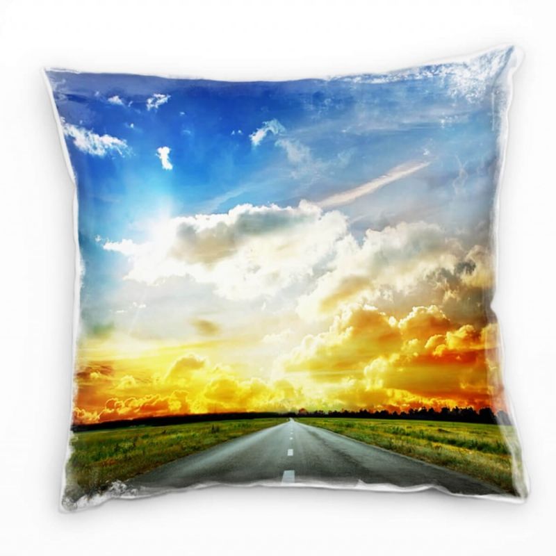 Landschaft, gelb, blau, grün, Straße in die Weite Deko Kissen 40x40cm für Couch Sofa Lounge Zierkiss